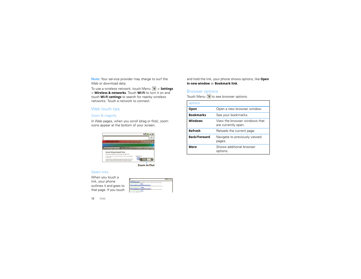 Web touch tips, Browser options, About ohio history central | Motorola DROID 68000202474-B User Manual | Page 14 / 58