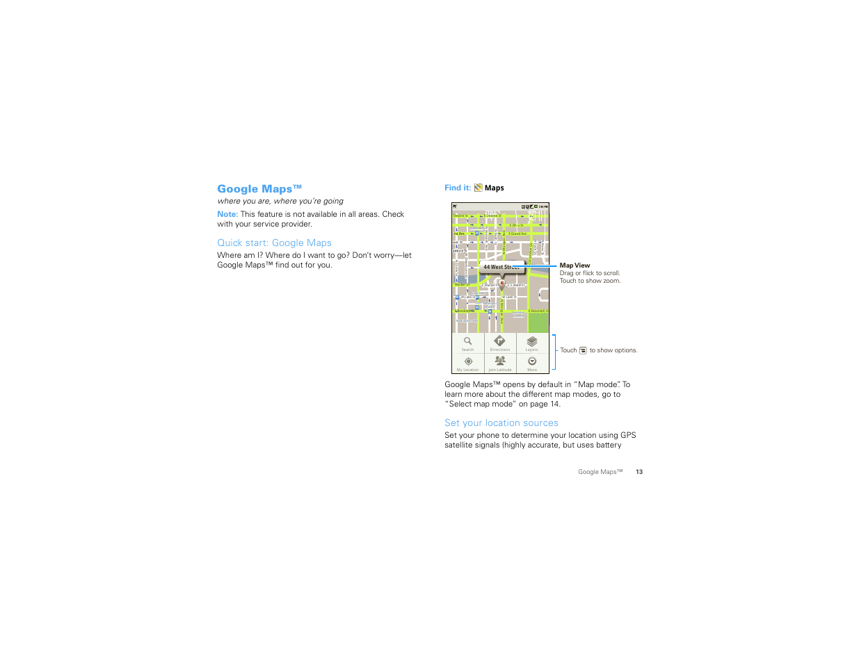 Google maps, Quick start: google maps, Set your location sources | Motorola DROID 68000202474-B User Manual | Page 15 / 58