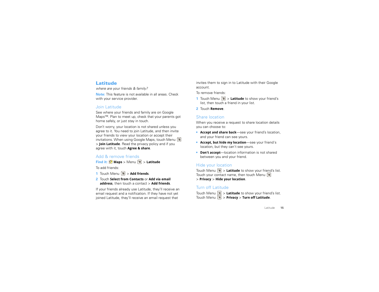 Latitude, Join latitude, Add & remove friends | Share location, Hide your location, Turn off latitude | Motorola DROID 68000202474-B User Manual | Page 17 / 58