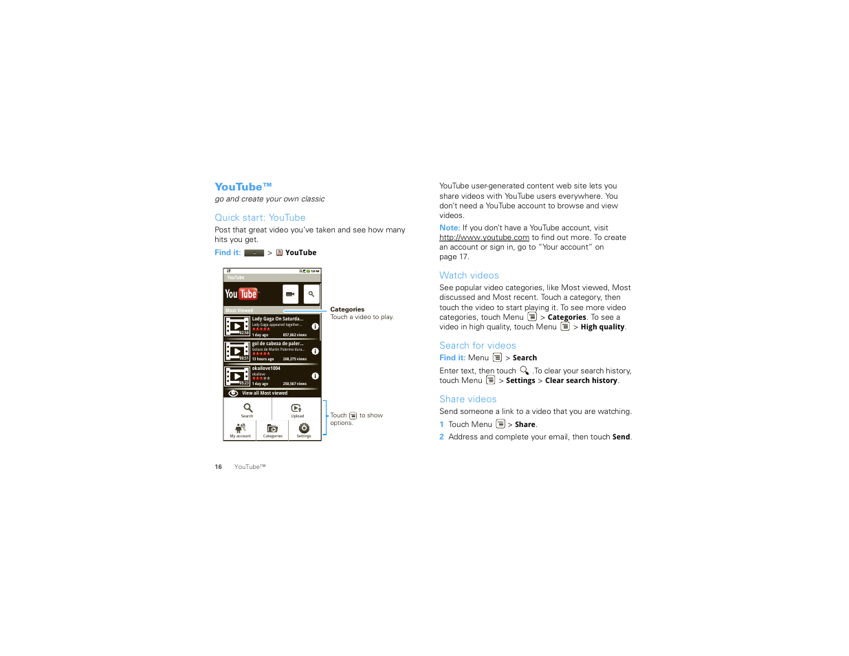 Youtube, Quick start: youtube, Watch videos | Search for videos, Share videos | Motorola DROID 68000202474-B User Manual | Page 18 / 58