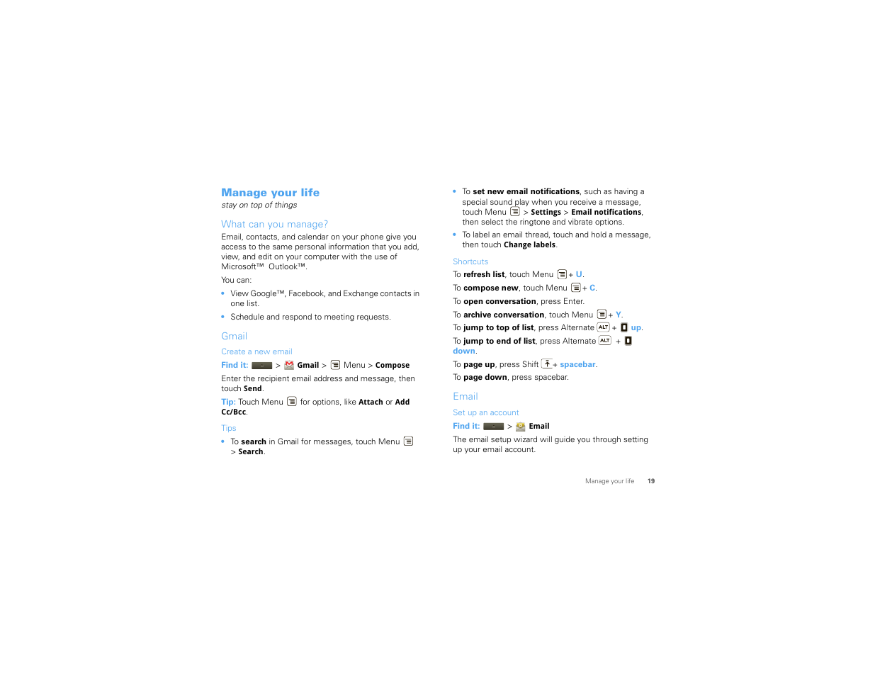 Manage your life, What can you manage, Gmail | Email | Motorola DROID 68000202474-B User Manual | Page 21 / 58