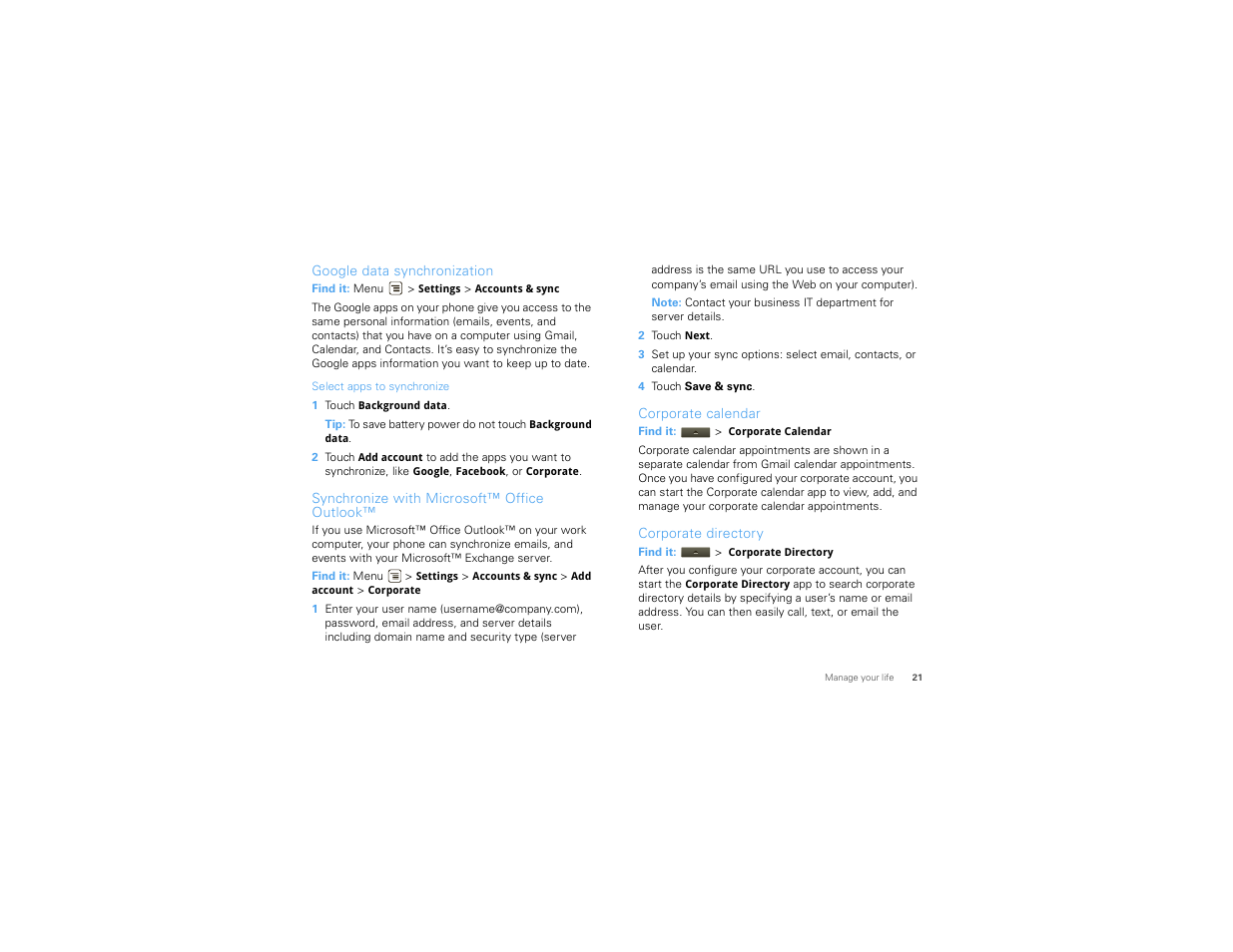 Google data synchronization, Synchronize with microsoft™ office outlook, Corporate calendar | Corporate directory | Motorola DROID 68000202474-B User Manual | Page 23 / 58