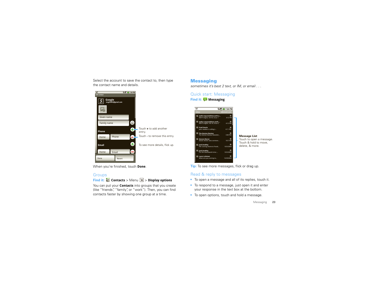 Groups, Messaging, Quick start: messaging | Read & reply to messages | Motorola DROID 68000202474-B User Manual | Page 25 / 58