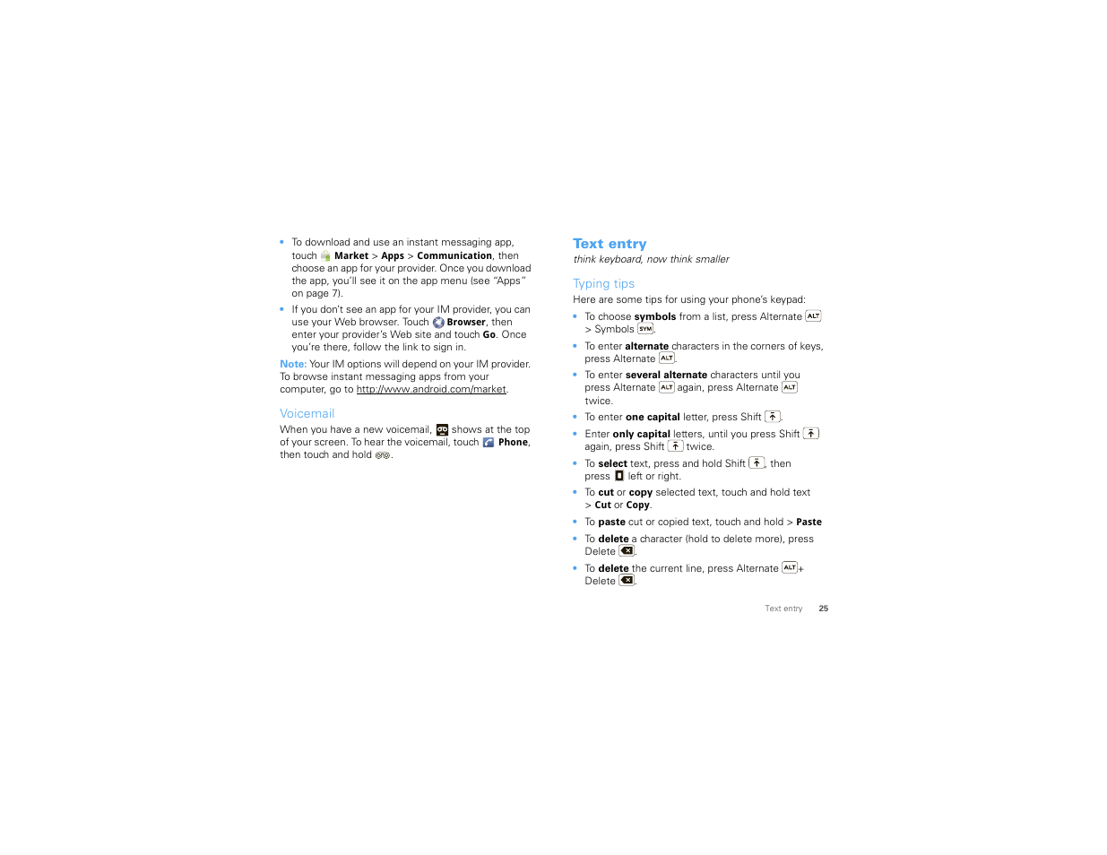 Voicemail, Text entry, Typing tips | Motorola DROID 68000202474-B User Manual | Page 27 / 58
