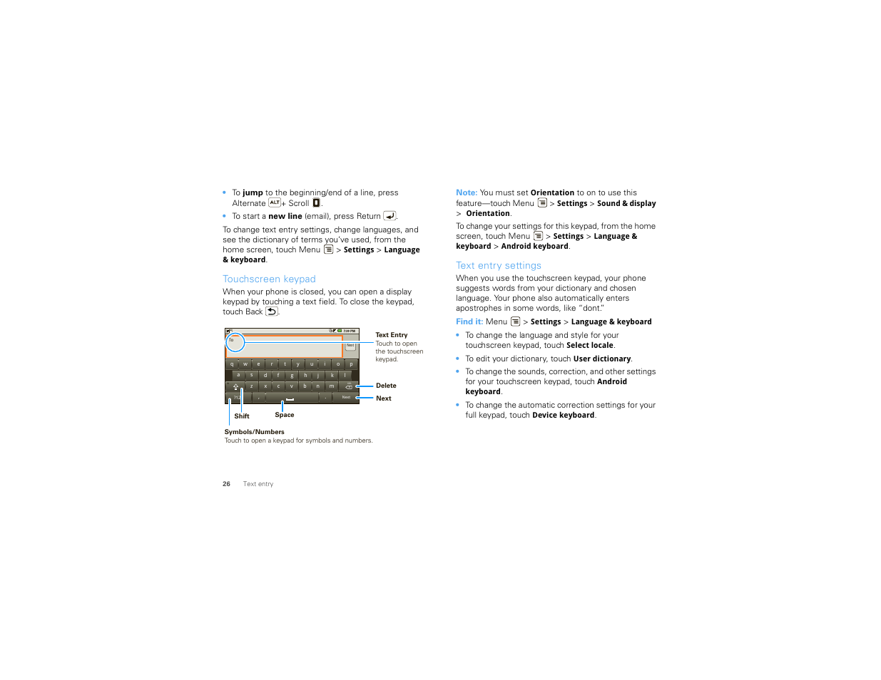 Touchscreen keypad, Text entry settings | Motorola DROID 68000202474-B User Manual | Page 28 / 58