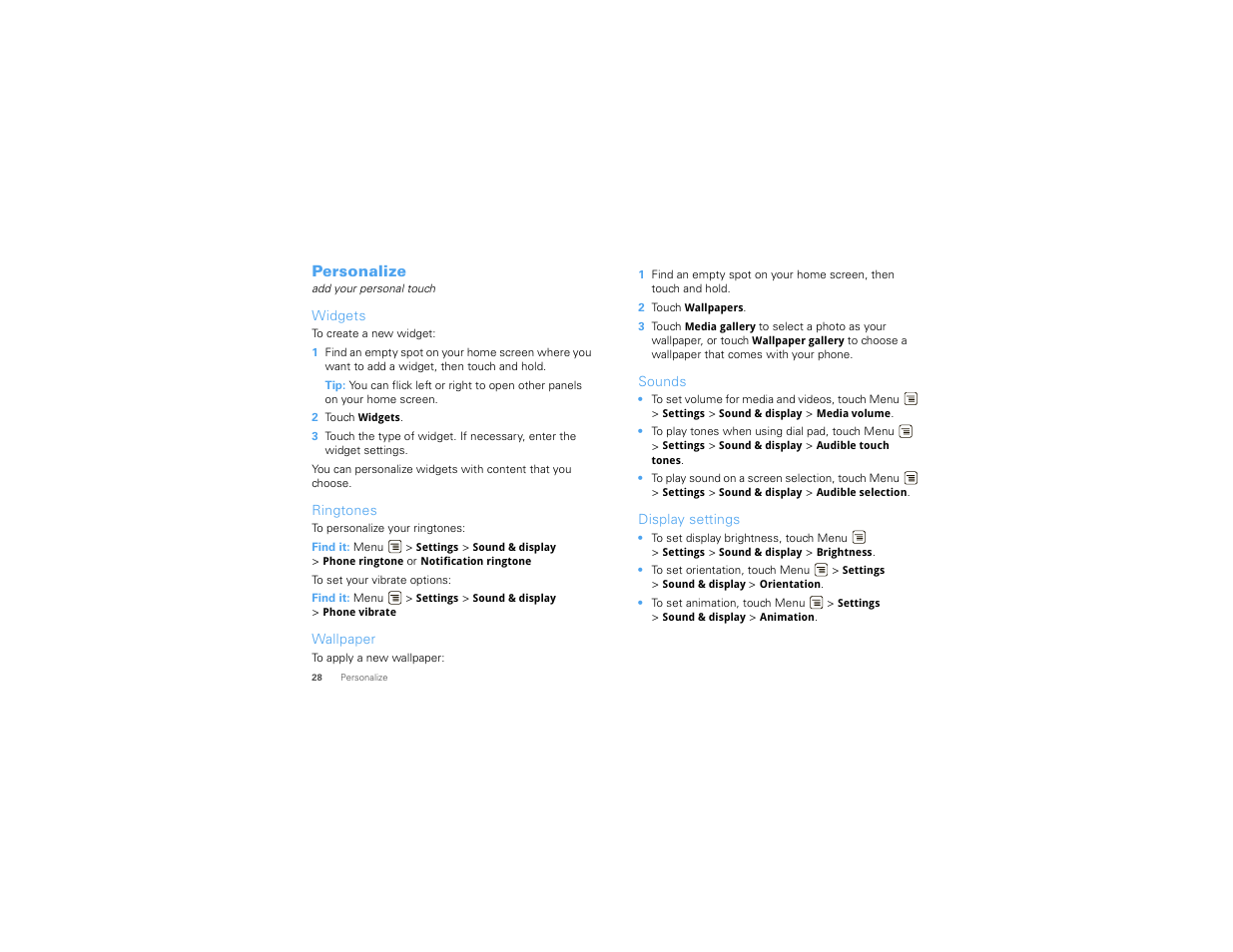 Personalize, Widgets, Ringtones | Wallpaper, Sounds, Display settings | Motorola DROID 68000202474-B User Manual | Page 30 / 58