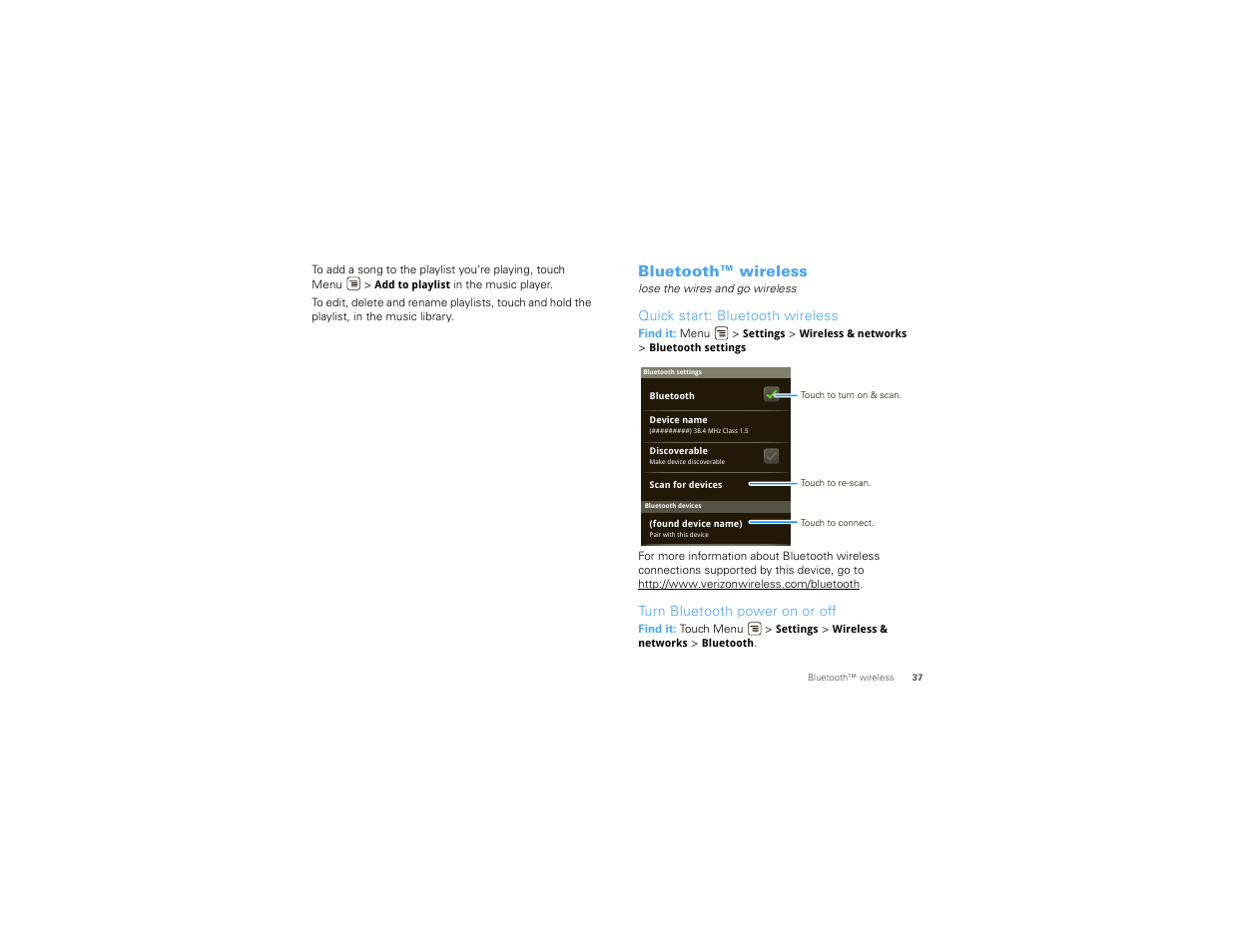 Bluetooth™ wireless, Quick start: bluetooth wireless, Turn bluetooth power on or off | Motorola DROID 68000202474-B User Manual | Page 39 / 58