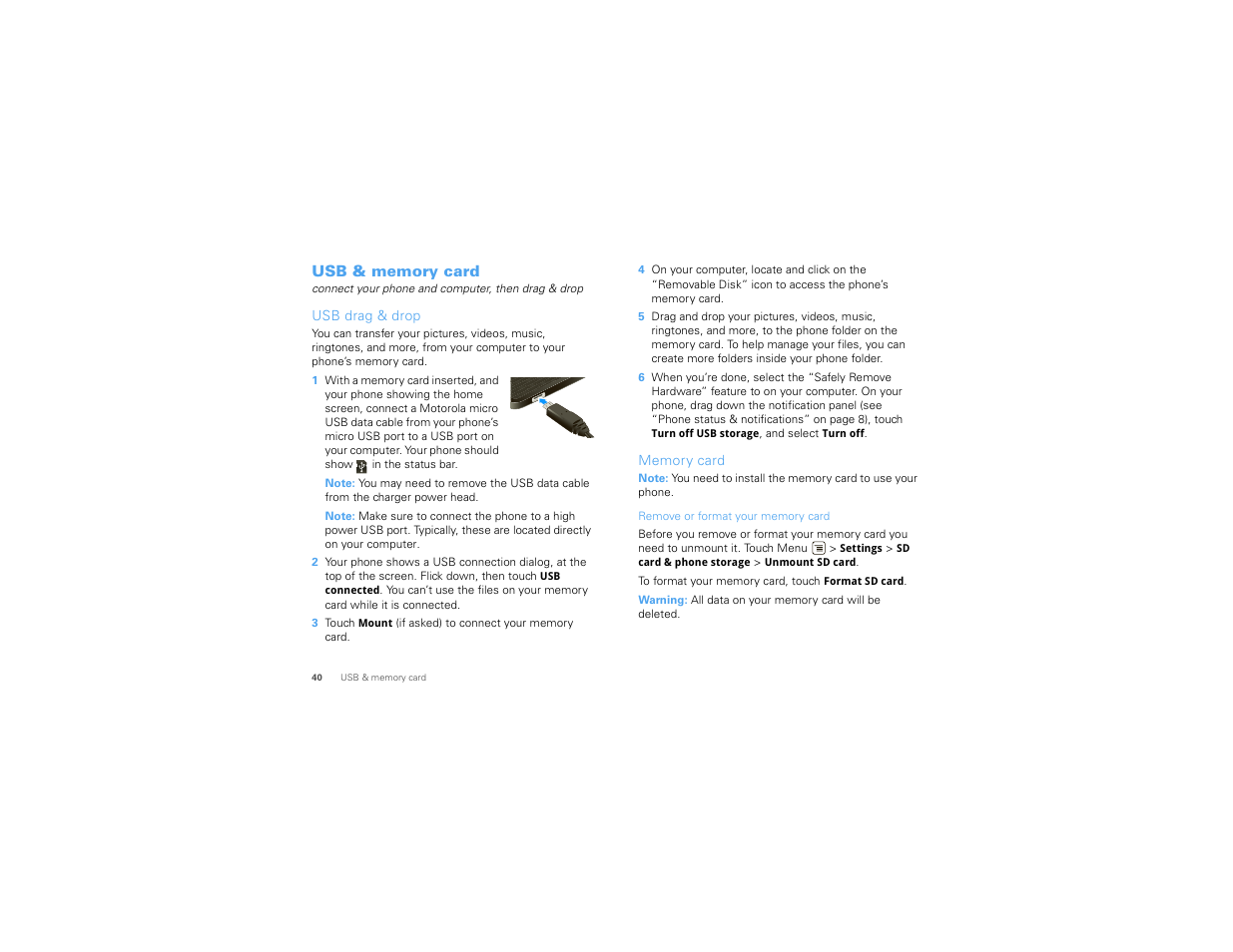 Usb & memory card, Usb drag & drop, Memory card | Motorola DROID 68000202474-B User Manual | Page 42 / 58