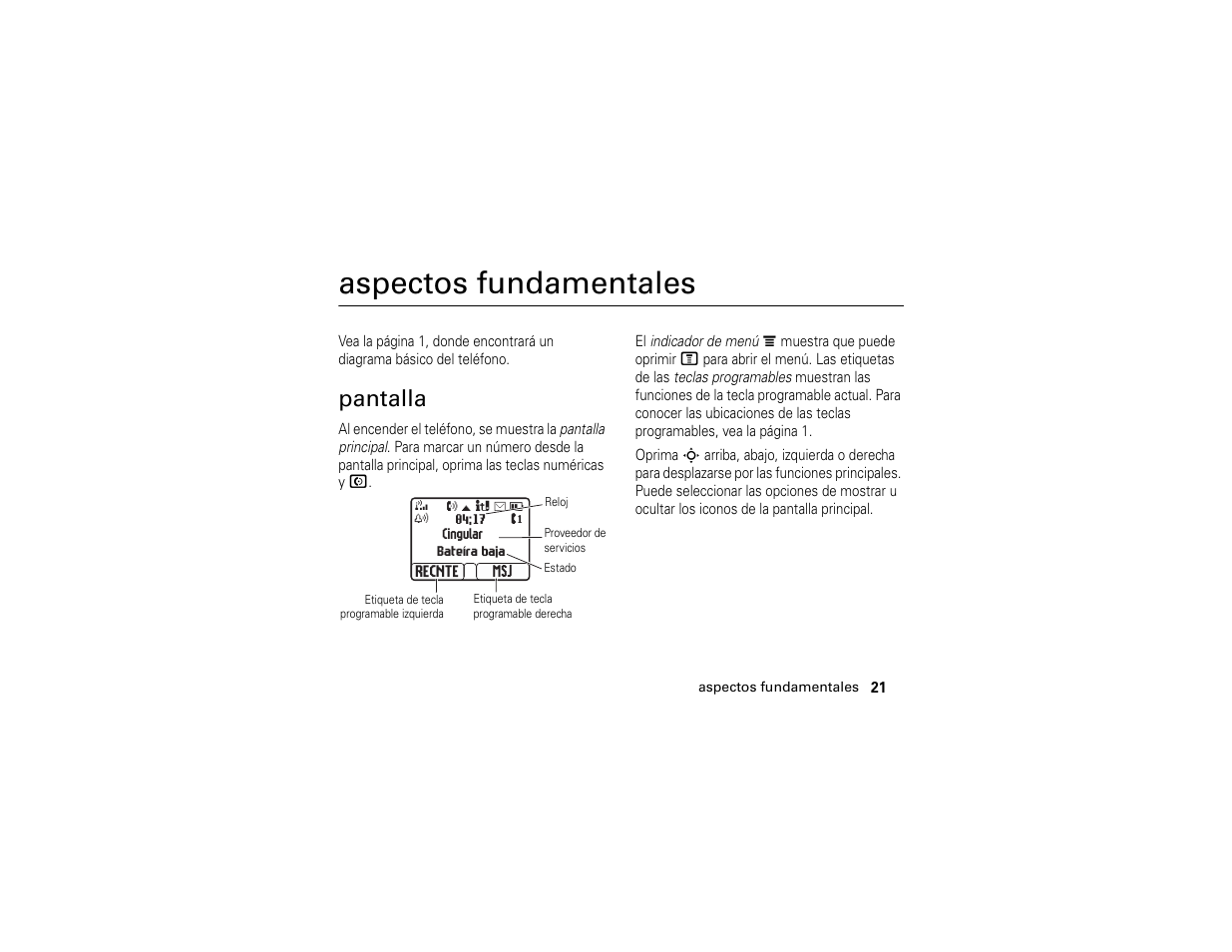 Aspectos fundamentales, Pantalla | Motorola C139 User Manual | Page 105 / 174