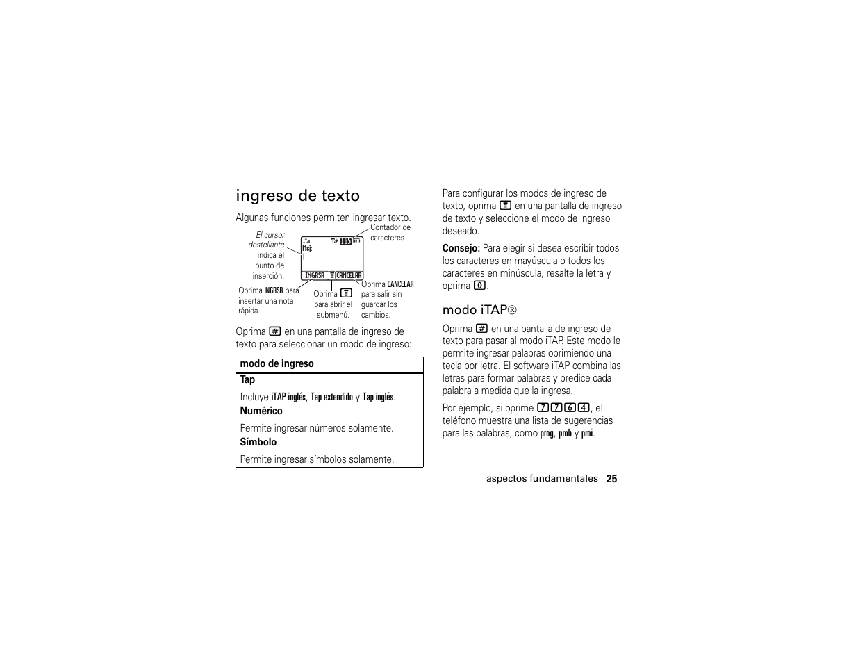 Ingreso de texto, Modo itap | Motorola C139 User Manual | Page 109 / 174