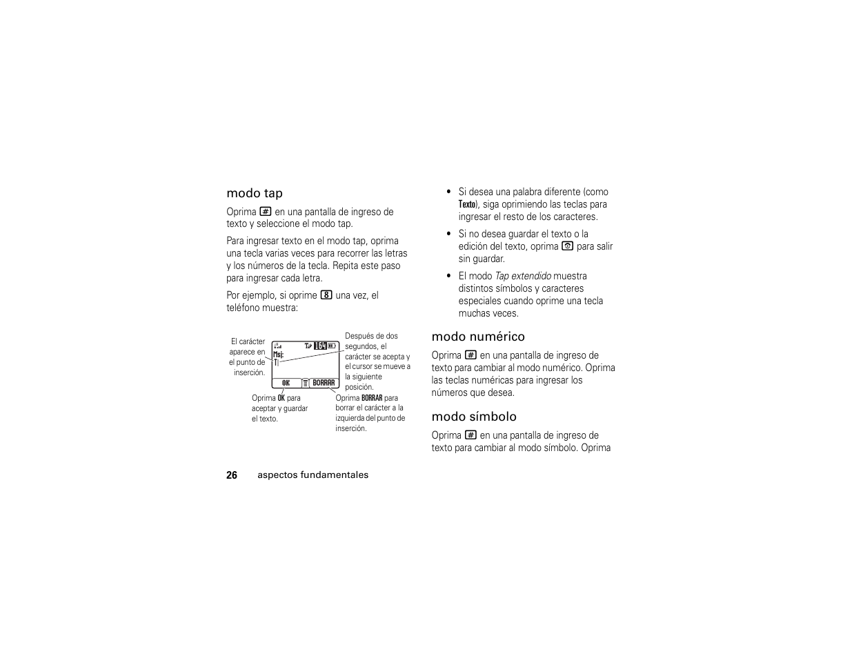 Modo tap, Modo numérico, Modo símbolo | Motorola C139 User Manual | Page 110 / 174