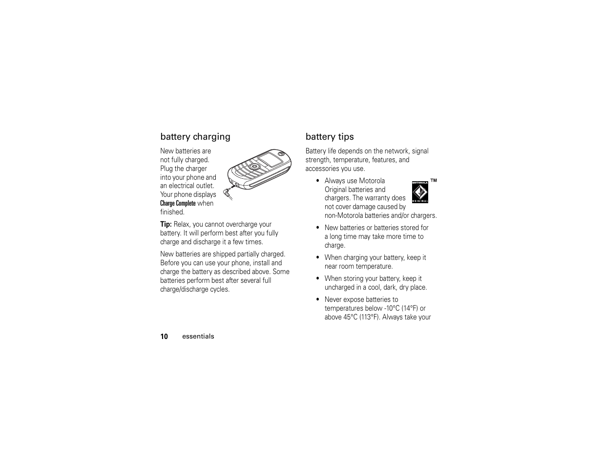 Battery charging, Battery tips | Motorola C139 User Manual | Page 12 / 174