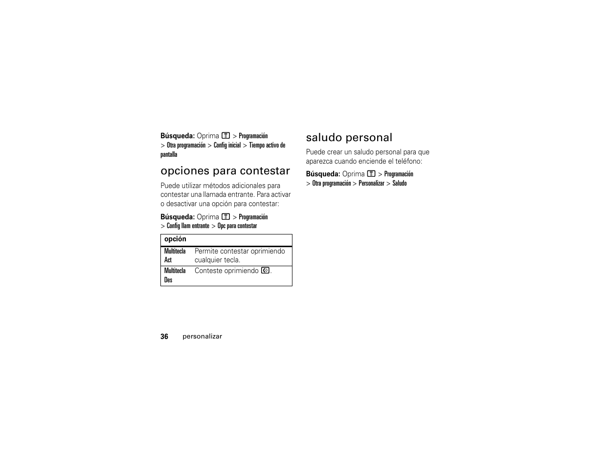 Opciones para contestar, Saludo personal, Opciones para contestar saludo personal | Motorola C139 User Manual | Page 120 / 174