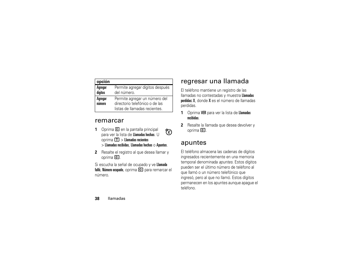 Remarcar, Regresar una llamada, Apuntes | Remarcar regresar una llamada apuntes | Motorola C139 User Manual | Page 122 / 174