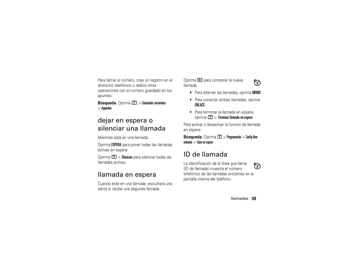 Dejar en espera o silenciar una llamada, Llamada en espera, Id de llamada | Motorola C139 User Manual | Page 123 / 174