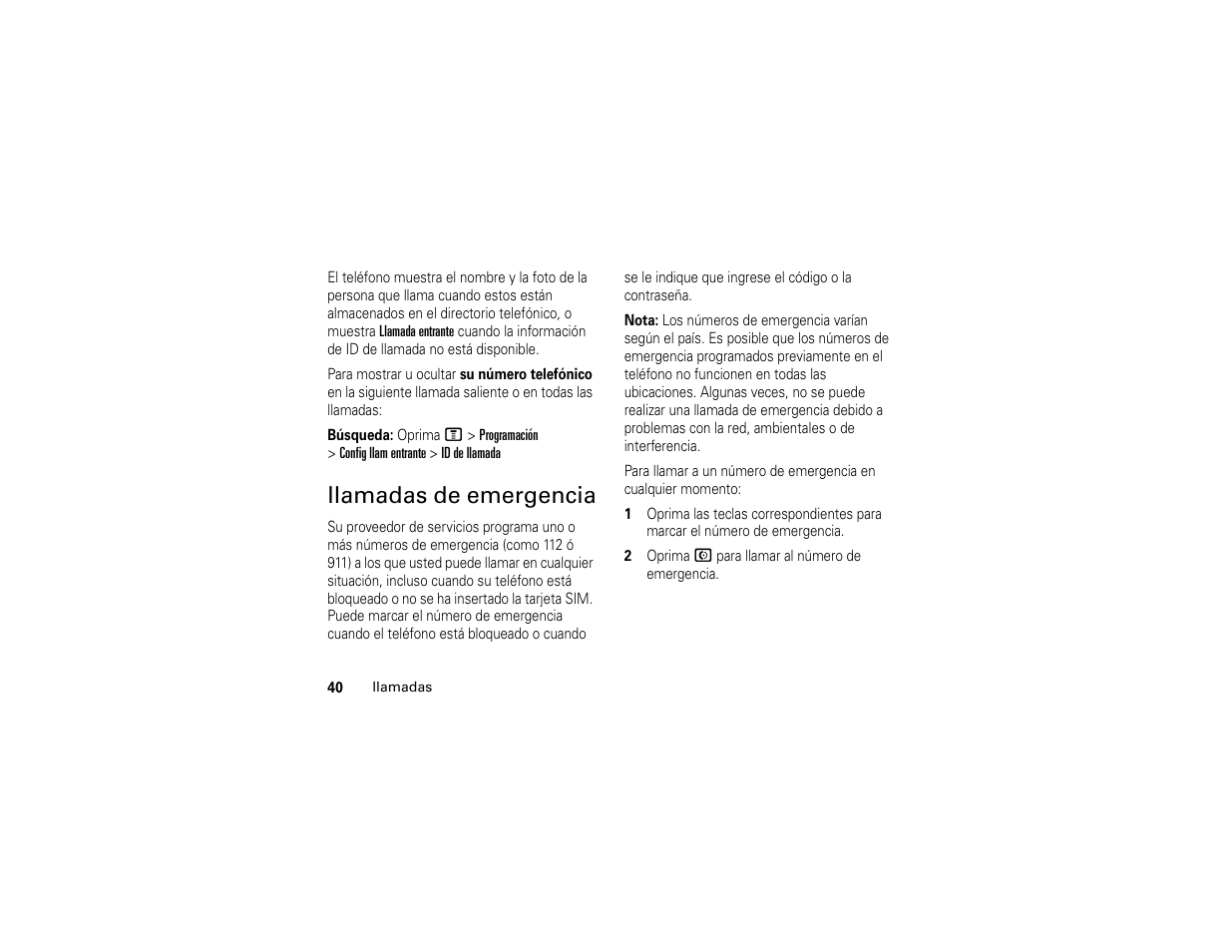 Llamadas de emergencia | Motorola C139 User Manual | Page 124 / 174