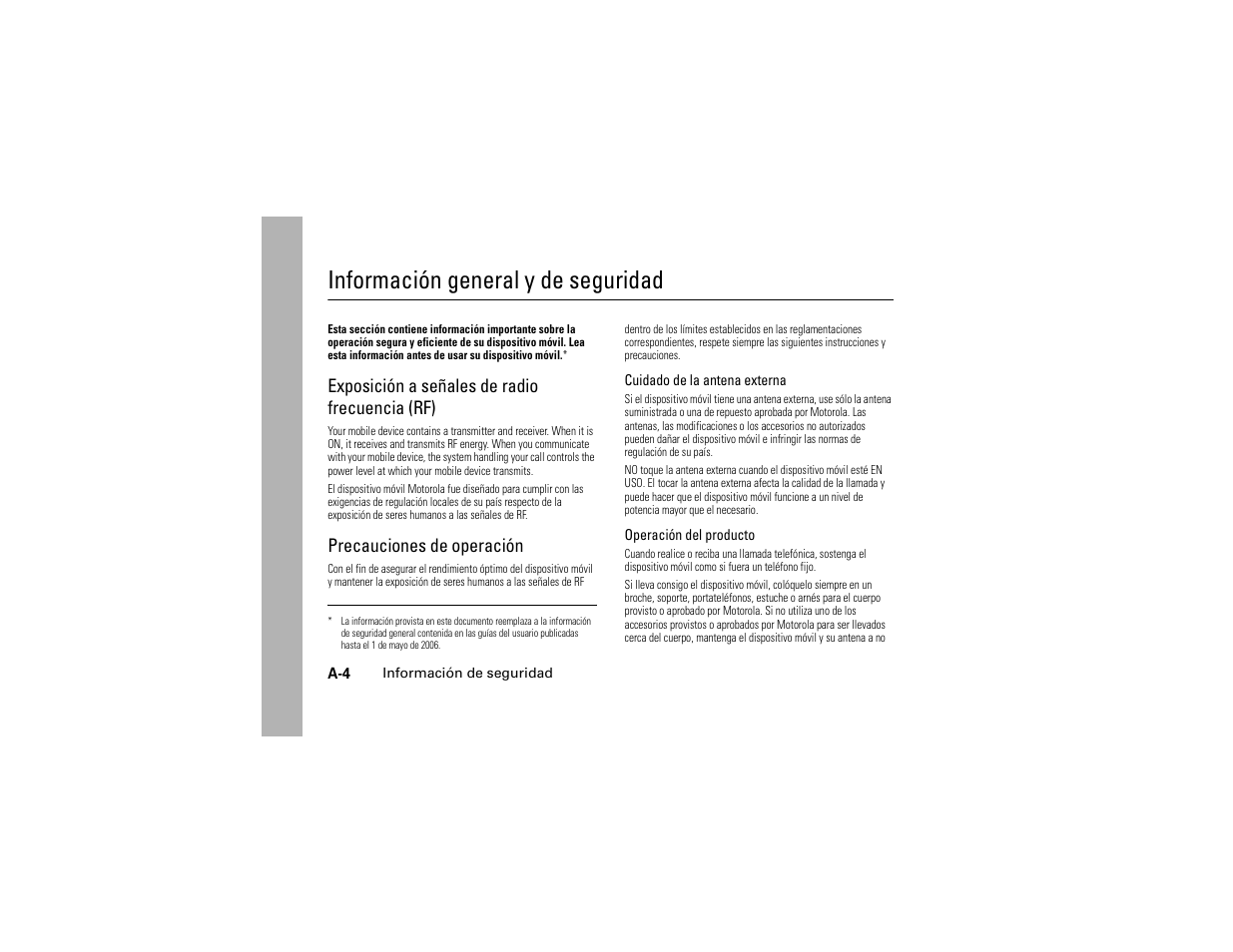 Información de seguridad, Exposición a señales de radio frecuencia (rf), Precauciones de operación | Información general y de seguridad | Motorola C139 User Manual | Page 158 / 174