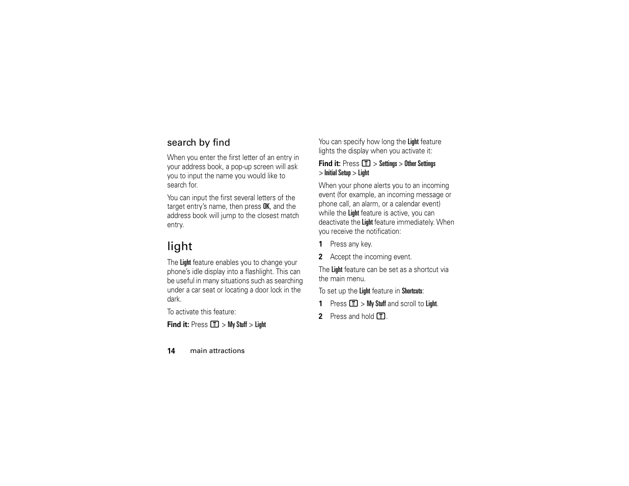 Light, Search by find | Motorola C139 User Manual | Page 16 / 174