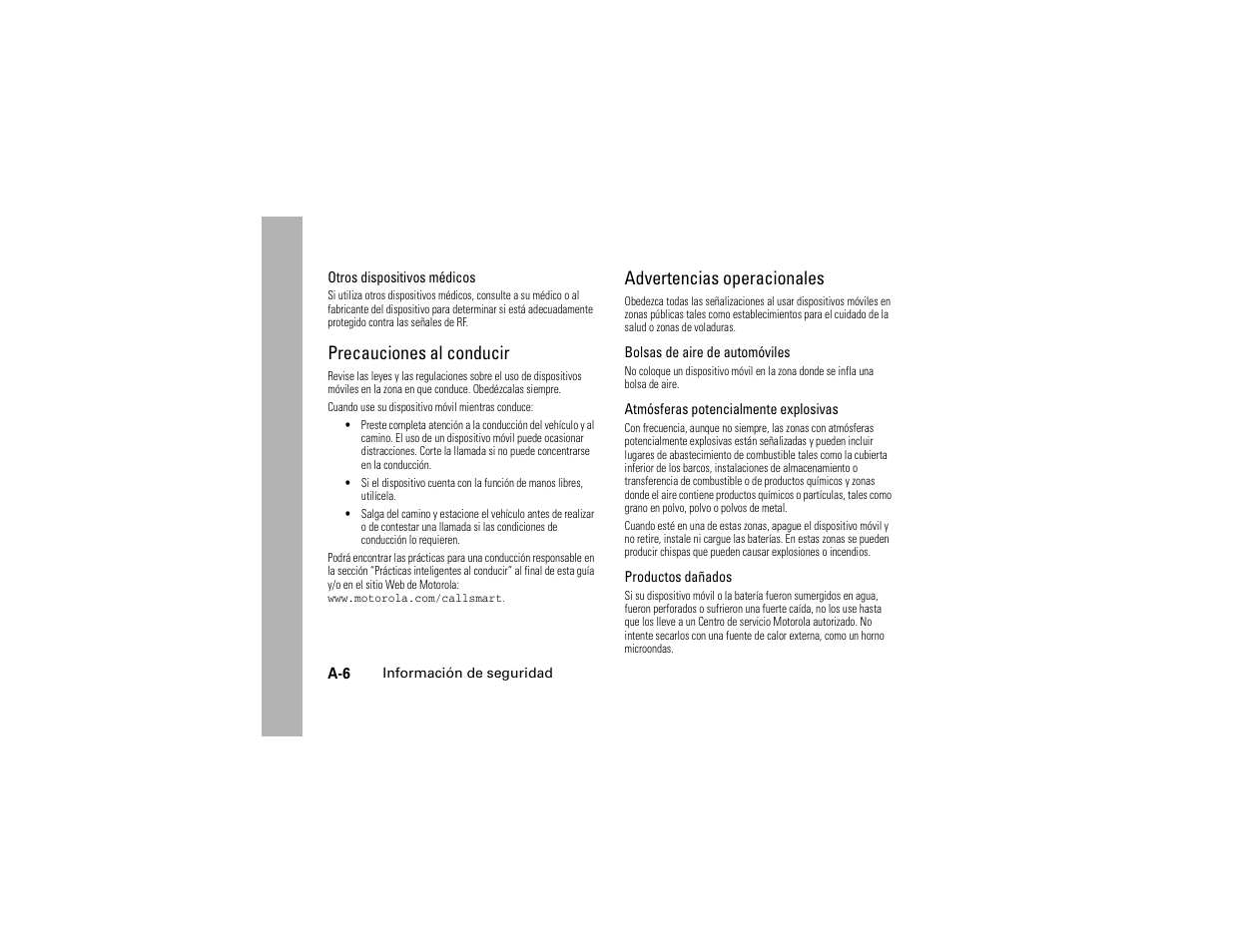 Precauciones al conducir, Advertencias operacionales | Motorola C139 User Manual | Page 160 / 174