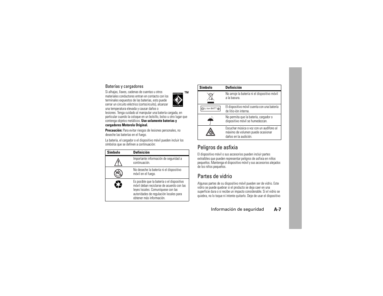 Peligros de asfixia, Partes de vidrio | Motorola C139 User Manual | Page 161 / 174