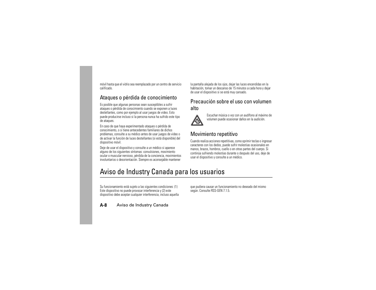 Ataques o pérdida de conocimiento, Precaución sobre el uso con volumen alto, Movimiento repetitivo | Aviso de industry canada, Aviso de industry canada para los usuarios | Motorola C139 User Manual | Page 162 / 174