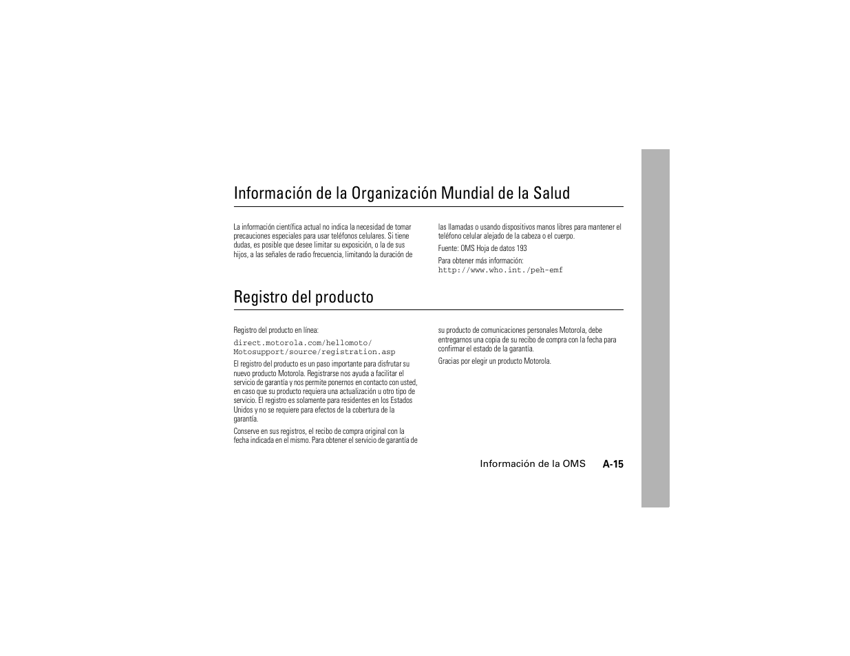 Información de la oms, Registro, Información de la organización mundial de la salud | Registro del producto | Motorola C139 User Manual | Page 169 / 174