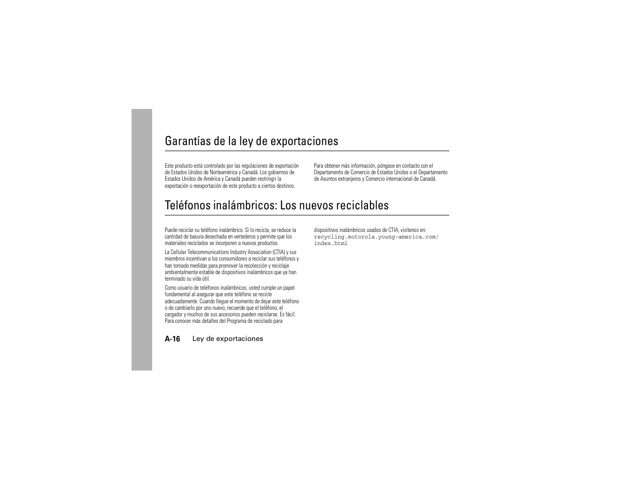Ley de exportaciones, Reciclaje, Garantías de la ley de exportaciones | Teléfonos inalámbricos: los nuevos reciclables | Motorola C139 User Manual | Page 170 / 174