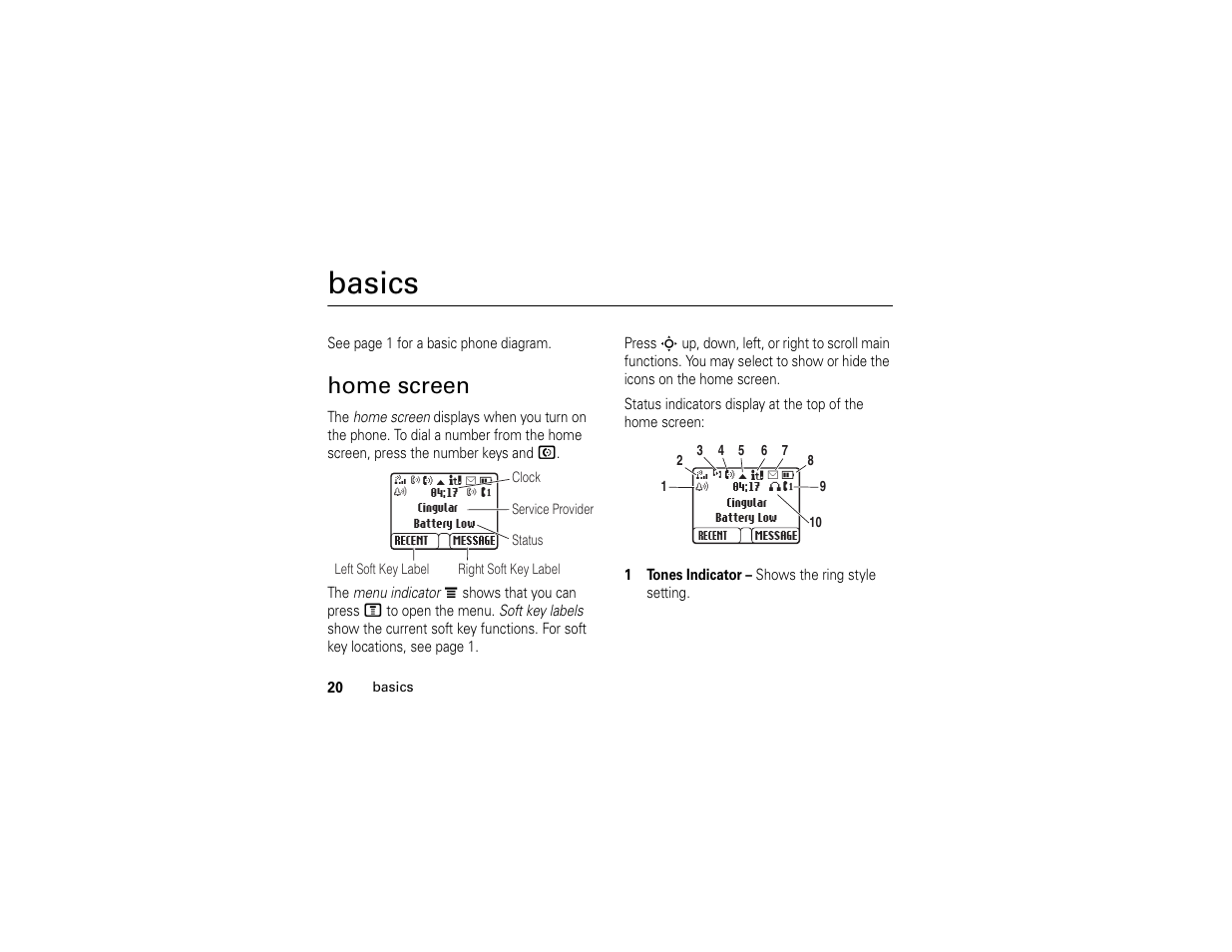 Basics, Home screen | Motorola C139 User Manual | Page 22 / 174
