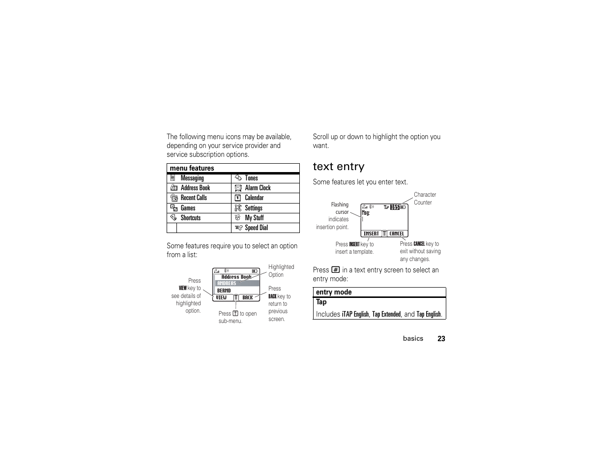 Text entry | Motorola C139 User Manual | Page 25 / 174