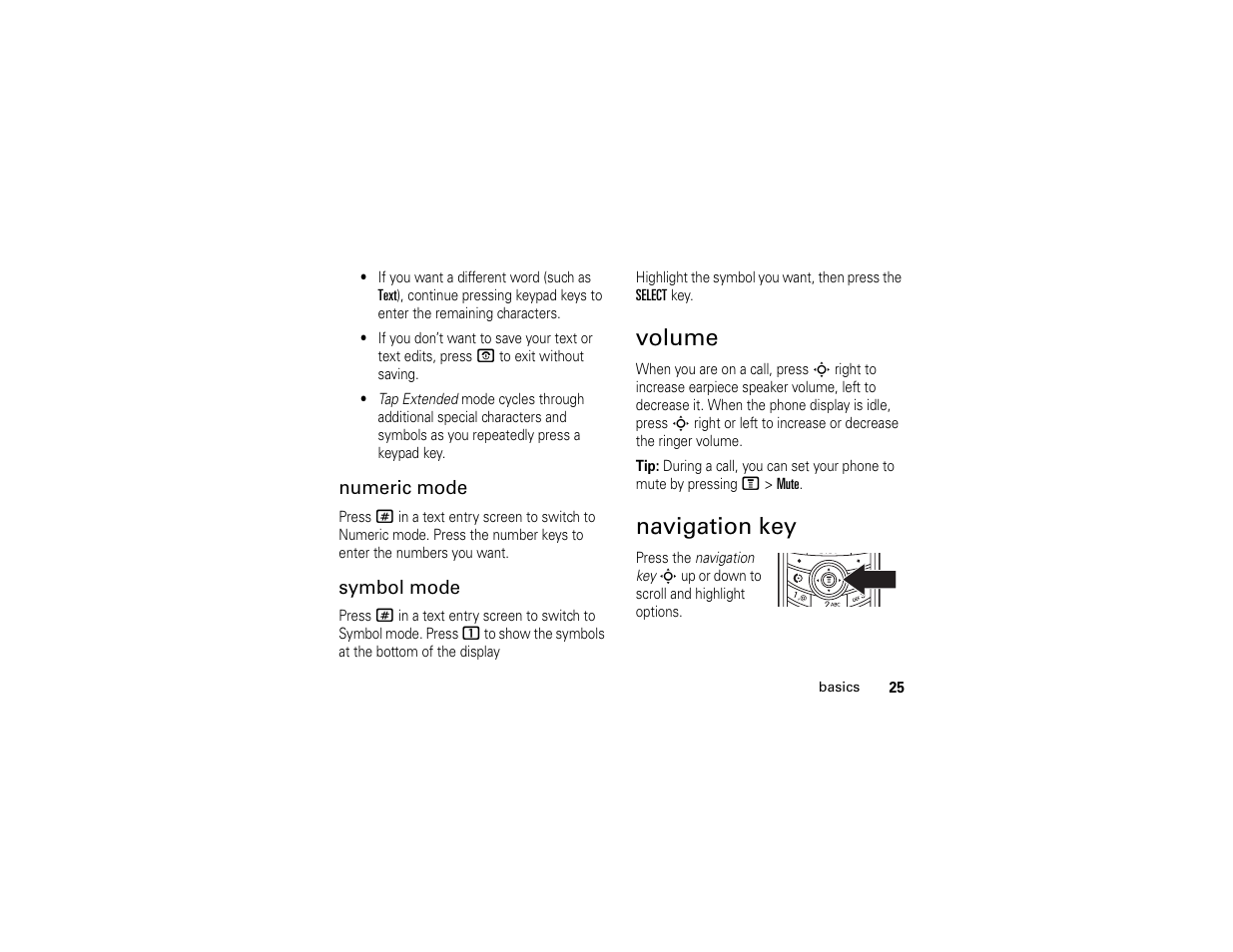Volume, Navigation key, Volume navigation key | Motorola C139 User Manual | Page 27 / 174