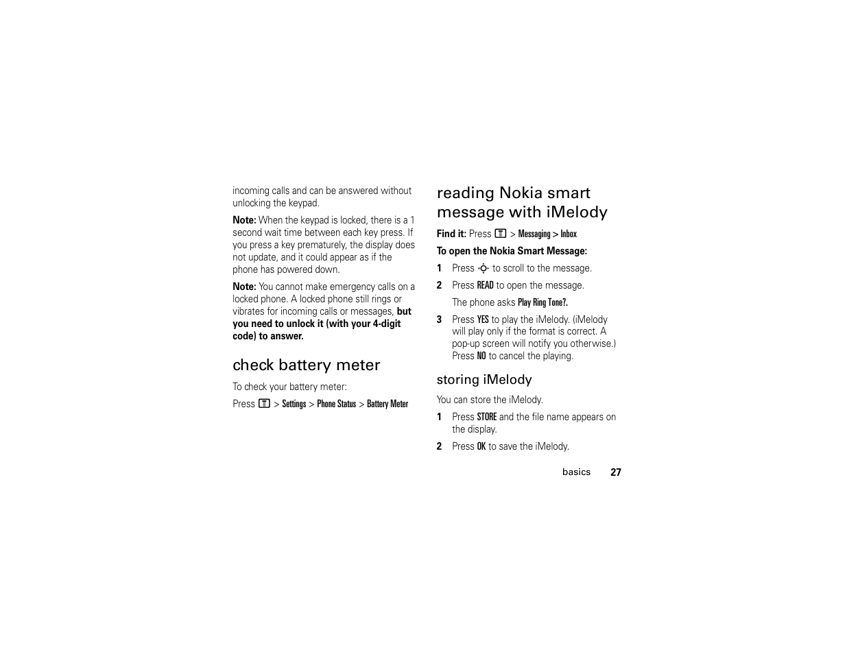 Check battery meter, Reading nokia smart message with imelody | Motorola C139 User Manual | Page 29 / 174