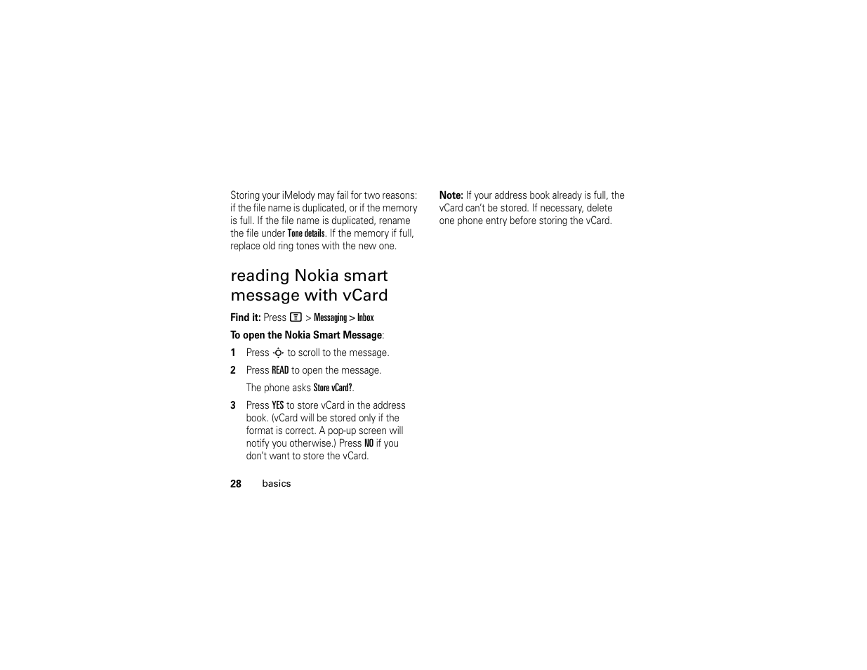 Reading nokia smart message with vcard | Motorola C139 User Manual | Page 30 / 174