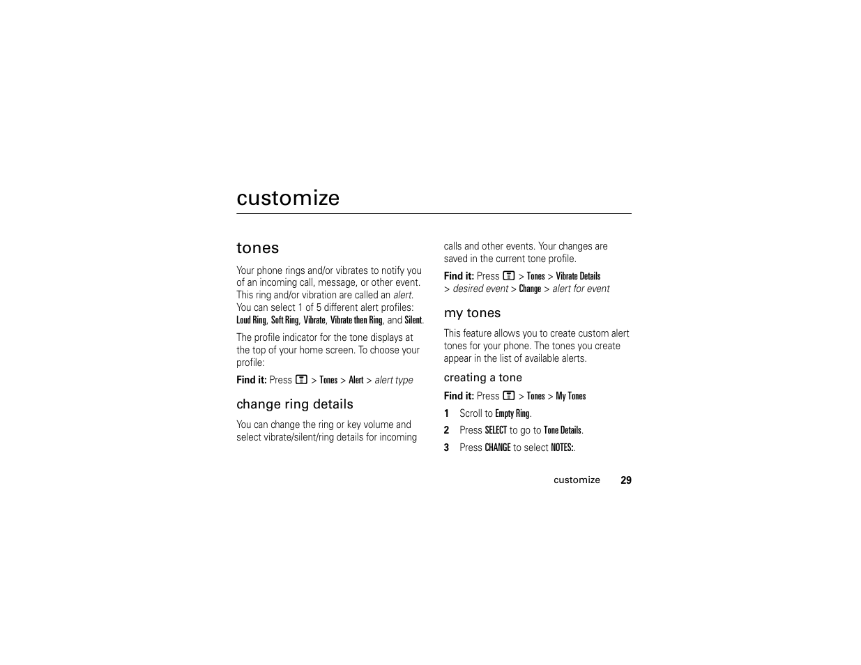 Customize, Tones | Motorola C139 User Manual | Page 31 / 174