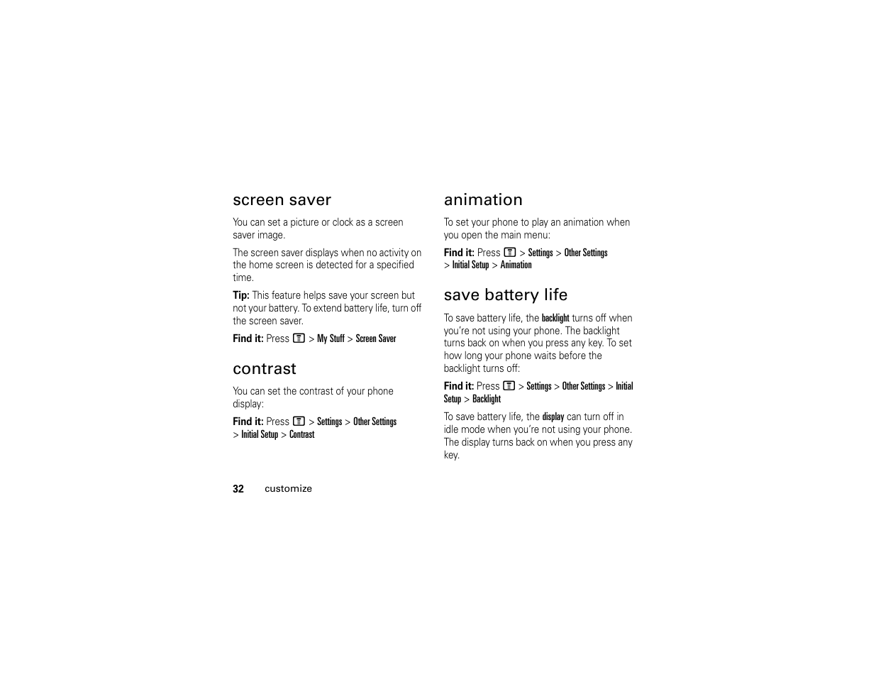 Screen saver, Contrast, Animation | Save battery life, Screen saver contrast animation save battery life | Motorola C139 User Manual | Page 34 / 174