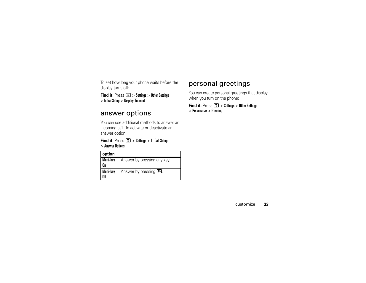 Answer options, Personal greetings, Answer options personal greetings | Motorola C139 User Manual | Page 35 / 174