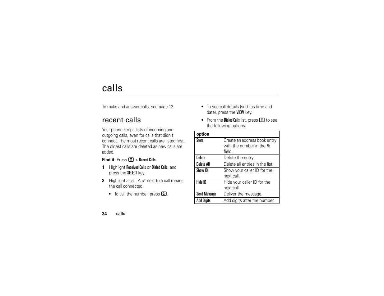 Calls, Recent calls | Motorola C139 User Manual | Page 36 / 174