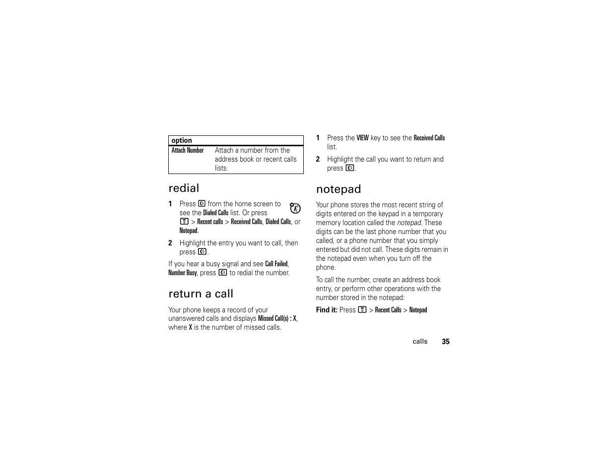 Redial, Return a call, Notepad | Redial return a call notepad | Motorola C139 User Manual | Page 37 / 174