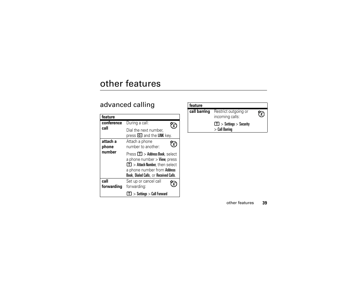 Other features, Advanced calling | Motorola C139 User Manual | Page 41 / 174