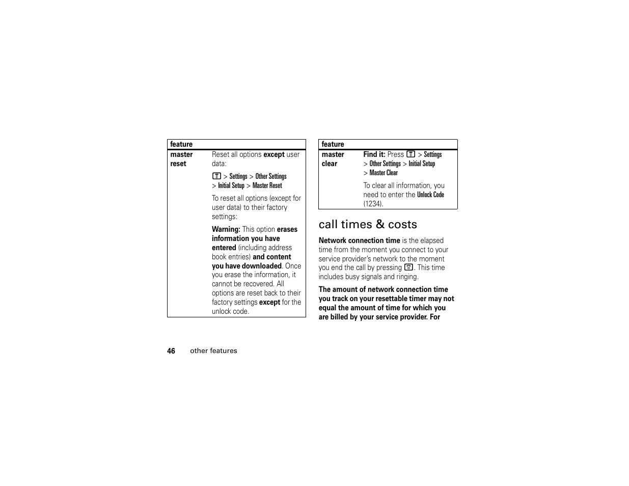 Call times & costs | Motorola C139 User Manual | Page 48 / 174