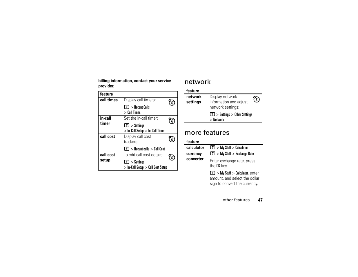 Network, More features, Network more features | Motorola C139 User Manual | Page 49 / 174