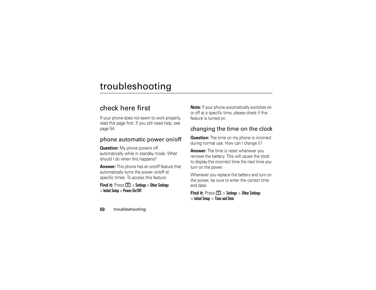 Troubleshooting, Check here first, Phone automatic power on/off | Changing the time on the clock | Motorola C139 User Manual | Page 52 / 174