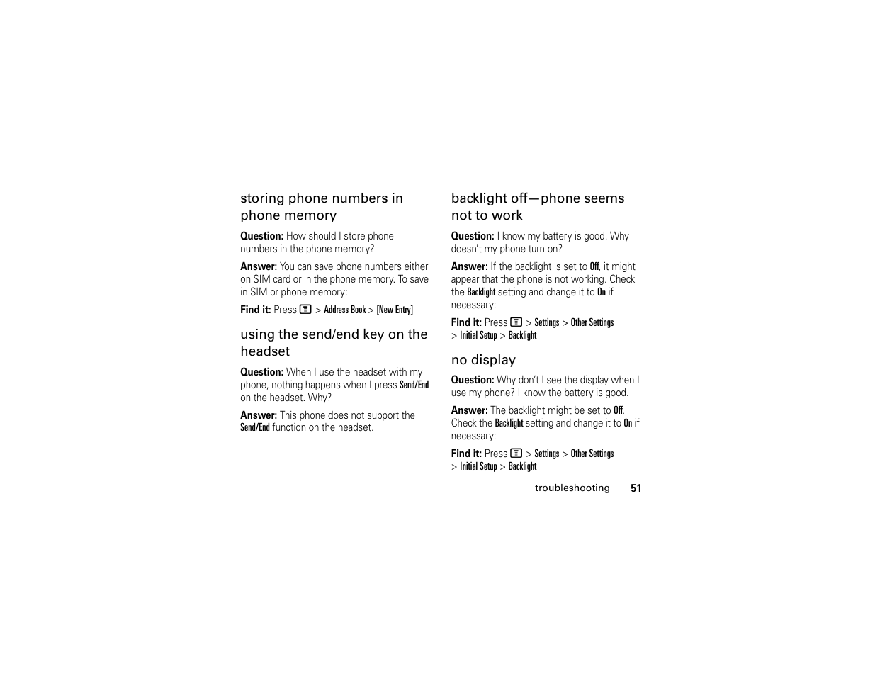 Using the send/end key on the headset, Backlight off—phone seems not to work, No display | Motorola C139 User Manual | Page 53 / 174