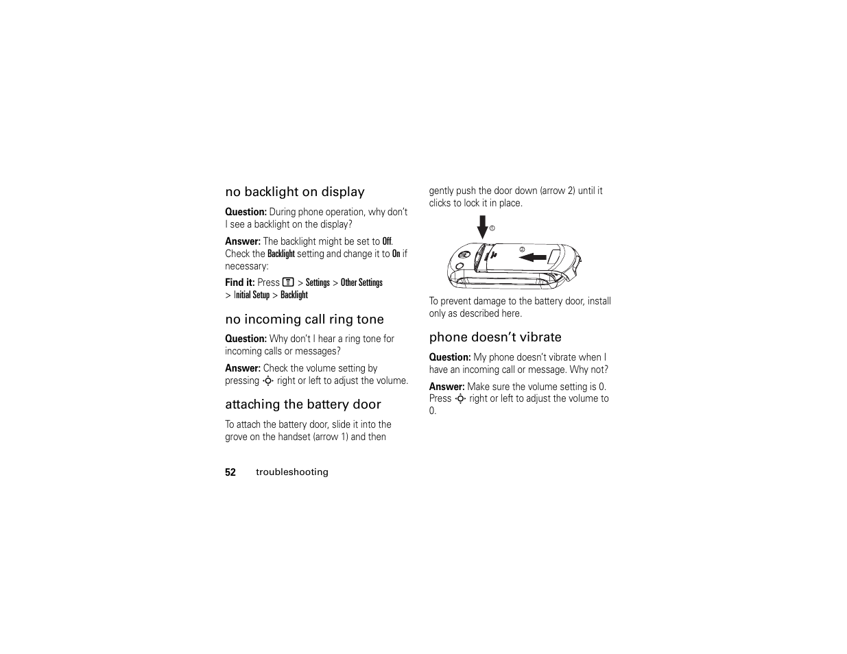 No backlight on display, No incoming call ring tone, Attaching the battery door | Phone doesn’t vibrate | Motorola C139 User Manual | Page 54 / 174