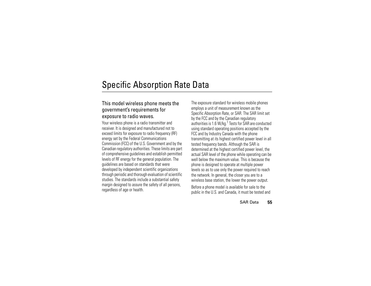 Specific absorption rate data, Sar data | Motorola C139 User Manual | Page 57 / 174