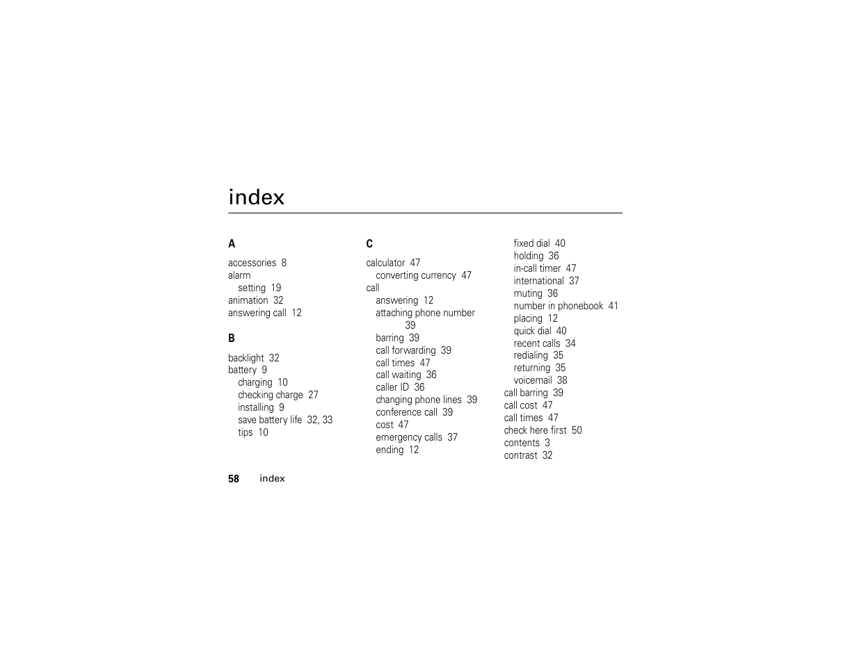 Index | Motorola C139 User Manual | Page 60 / 174