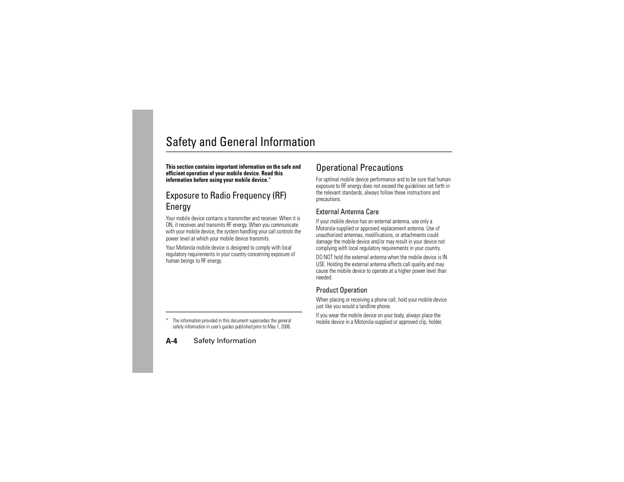 Safety information, Exposure to radio frequency (rf) energy, Operational precautions | Exposure to ra, Safety and general information | Motorola C139 User Manual | Page 68 / 174