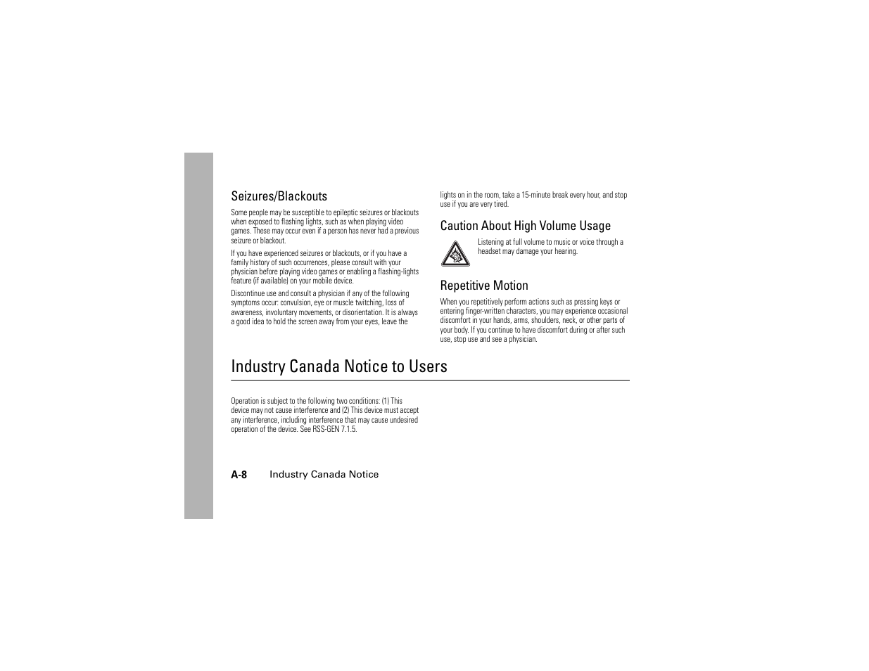 Seizures/blackouts, Caution about high volume usage, Repetitive motion | Industry canada notice, Industry canada notice to users | Motorola C139 User Manual | Page 72 / 174