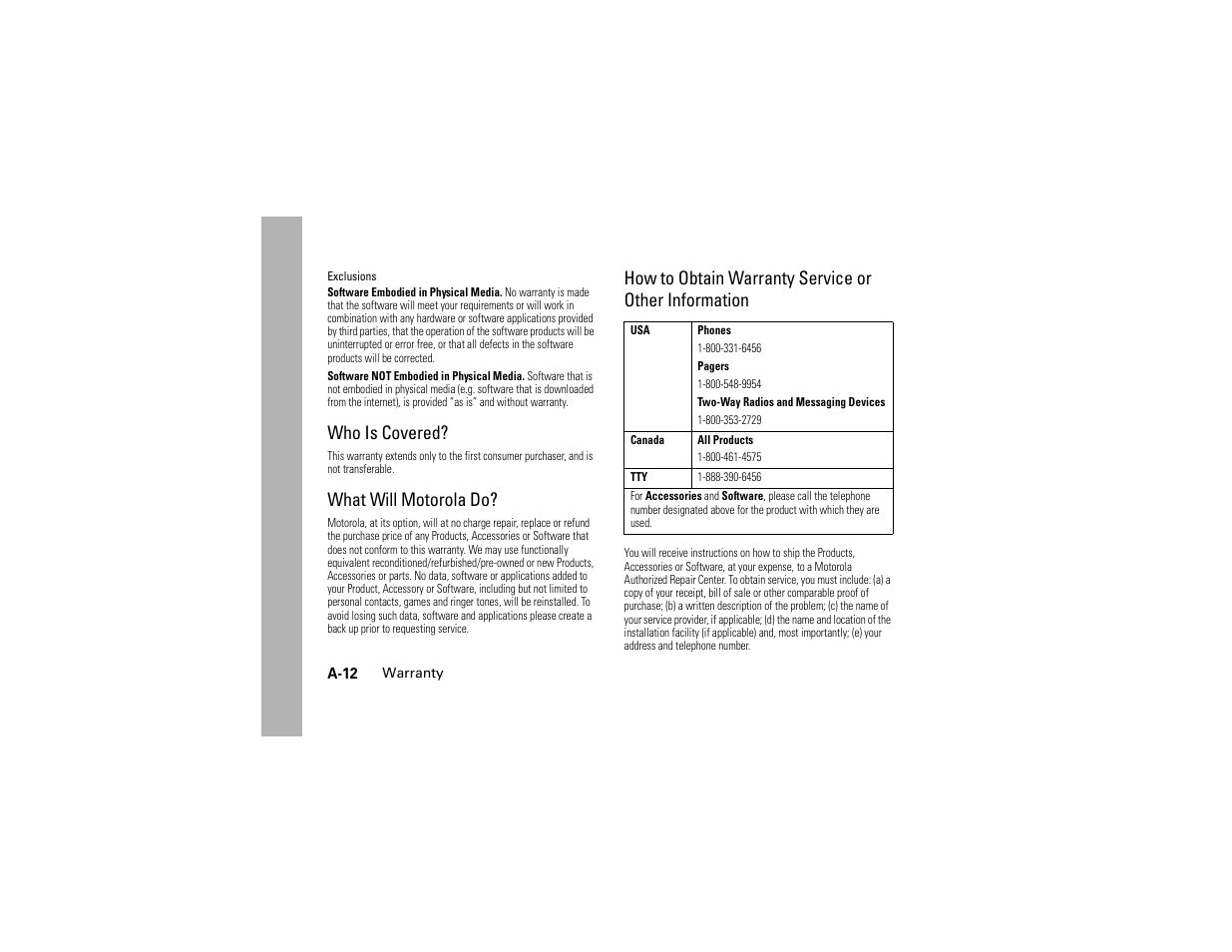 Who is covered, What will motorola do | Motorola C139 User Manual | Page 76 / 174