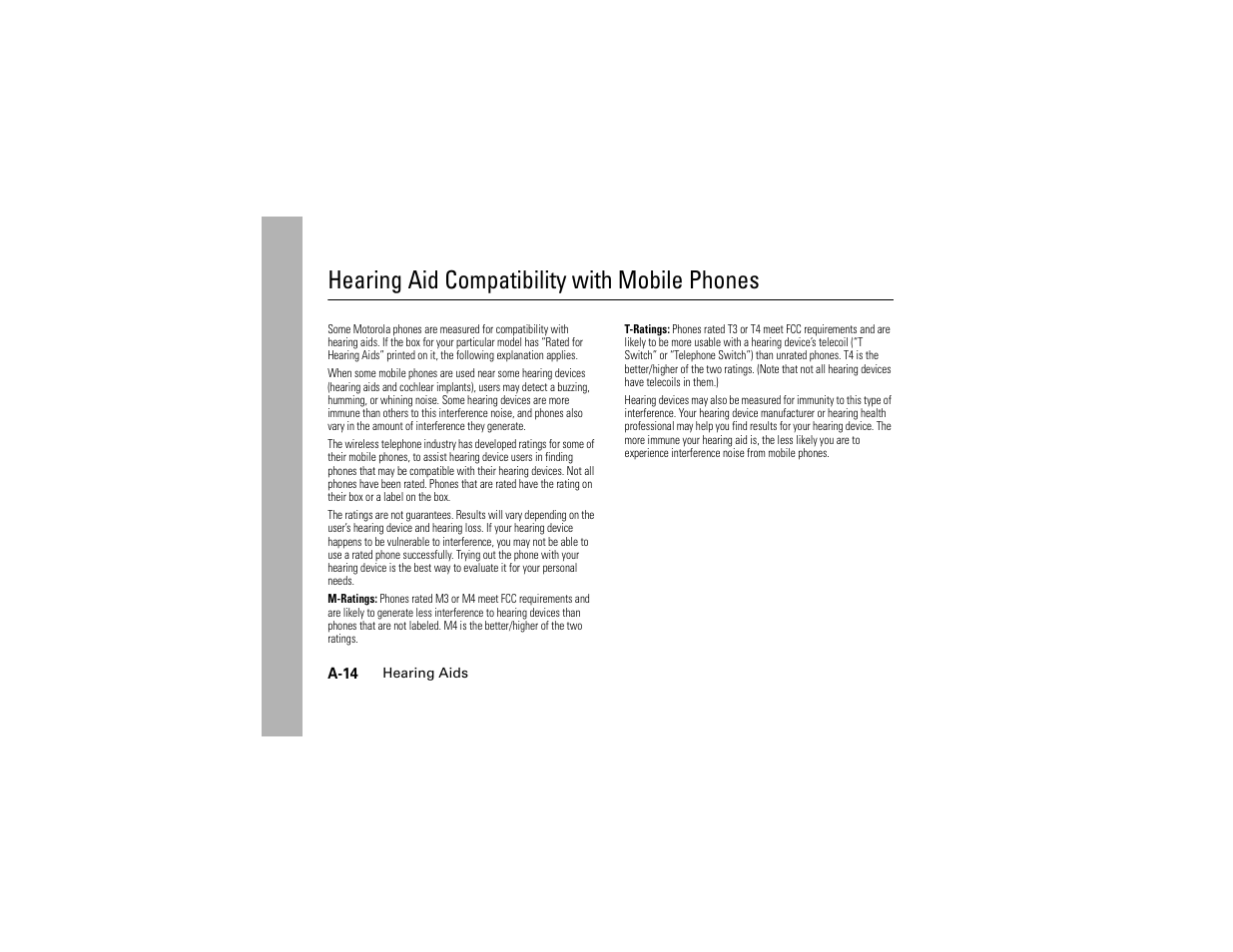 Hearing aids, Hearing aid compatibility with mobile phones | Motorola C139 User Manual | Page 78 / 174
