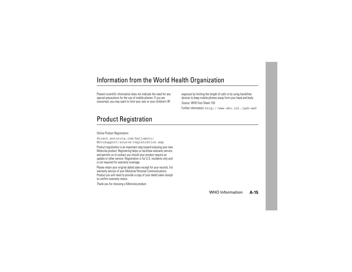 Who information, Registration, Information from the world health organization | Product registration | Motorola C139 User Manual | Page 79 / 174